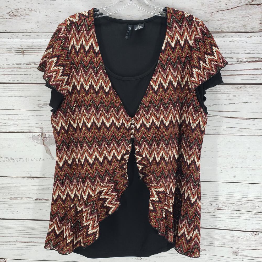 New Directions Woman Black Chevron Metallic Contrast Top Blouse Size 2X